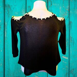 SHEIN Curve 2XL Black Pearl Cold Shoulder Top Textured Knit 3/4 Sleeve